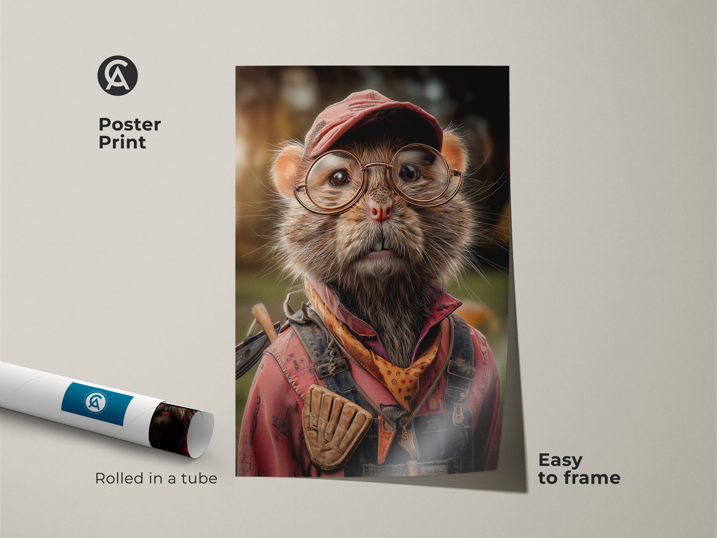 A poster print displays a cute mouse artwork rolled in a tube. The print shows an animal wearing red overalls and glasses. This piece of art serves as a funny animal poster. The wall art is easy to frame. Perfect as a gift for an outdoorsman or nature lover.