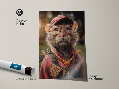 A poster print displays a cute mouse artwork rolled in a tube. The print shows an animal wearing red overalls and glasses. This piece of art serves as a funny animal poster. The wall art is easy to frame. Perfect as a gift for an outdoorsman or nature lover.