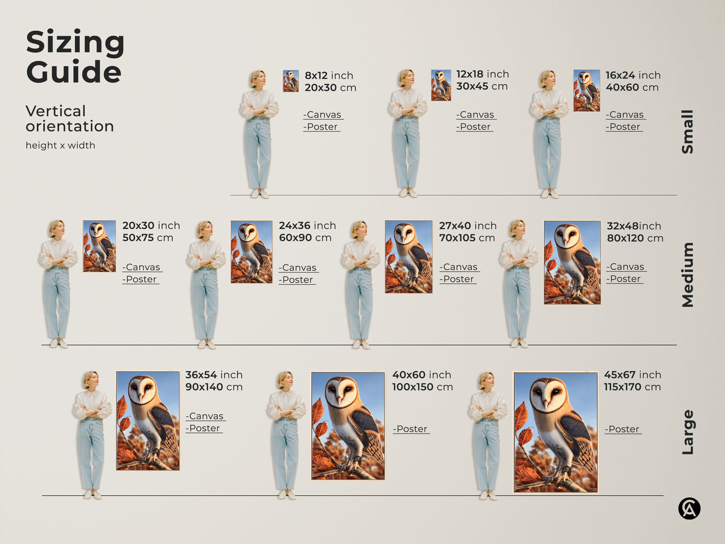 Sizing guide for barn owl art prints. View the vertical orientation height x width. Available in small medium and large sizes. Choose from canvas or poster options to fit your space and style preferences.