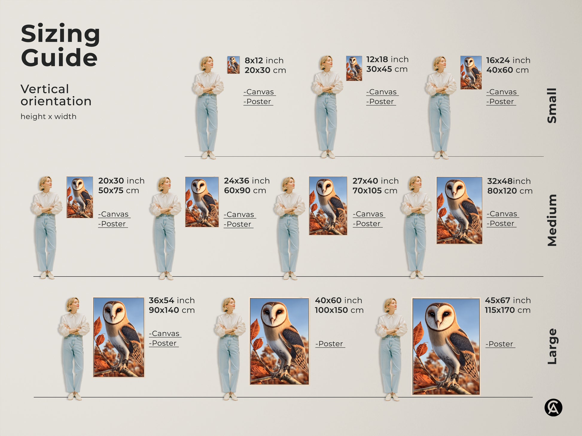 Sizing guide for barn owl art prints. View the vertical orientation height x width. Available in small medium and large sizes. Choose from canvas or poster options to fit your space and style preferences.