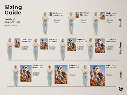 Sizing guide for barn owl art prints. View the vertical orientation height x width. Available in small medium and large sizes. Choose from canvas or poster options to fit your space and style preferences.