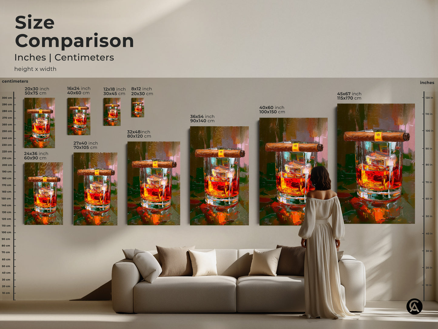 Size comparison of whiskey and cigar art prints in inches and centimeters. See how the artwork fits above a sofa. Ideal for planning your man cave or home bar decor. The amber orange artwork adds a touch of sophistication. Perfect for bourbon and drink lifestyle artwork.