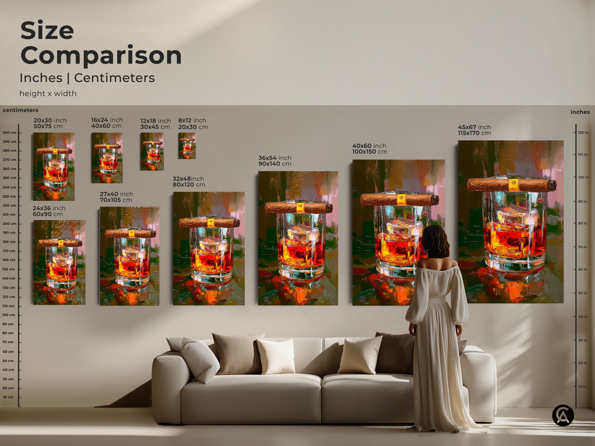 Size comparison of whiskey and cigar art prints in inches and centimeters. See how the artwork fits above a sofa. Ideal for planning your man cave or home bar decor. The amber orange artwork adds a touch of sophistication. Perfect for bourbon and drink lifestyle artwork.