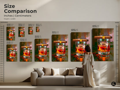 Size comparison of whiskey and cigar art prints in inches and centimeters. See how the artwork fits above a sofa. Ideal for planning your man cave or home bar decor. The amber orange artwork adds a touch of sophistication. Perfect for bourbon and drink lifestyle artwork.