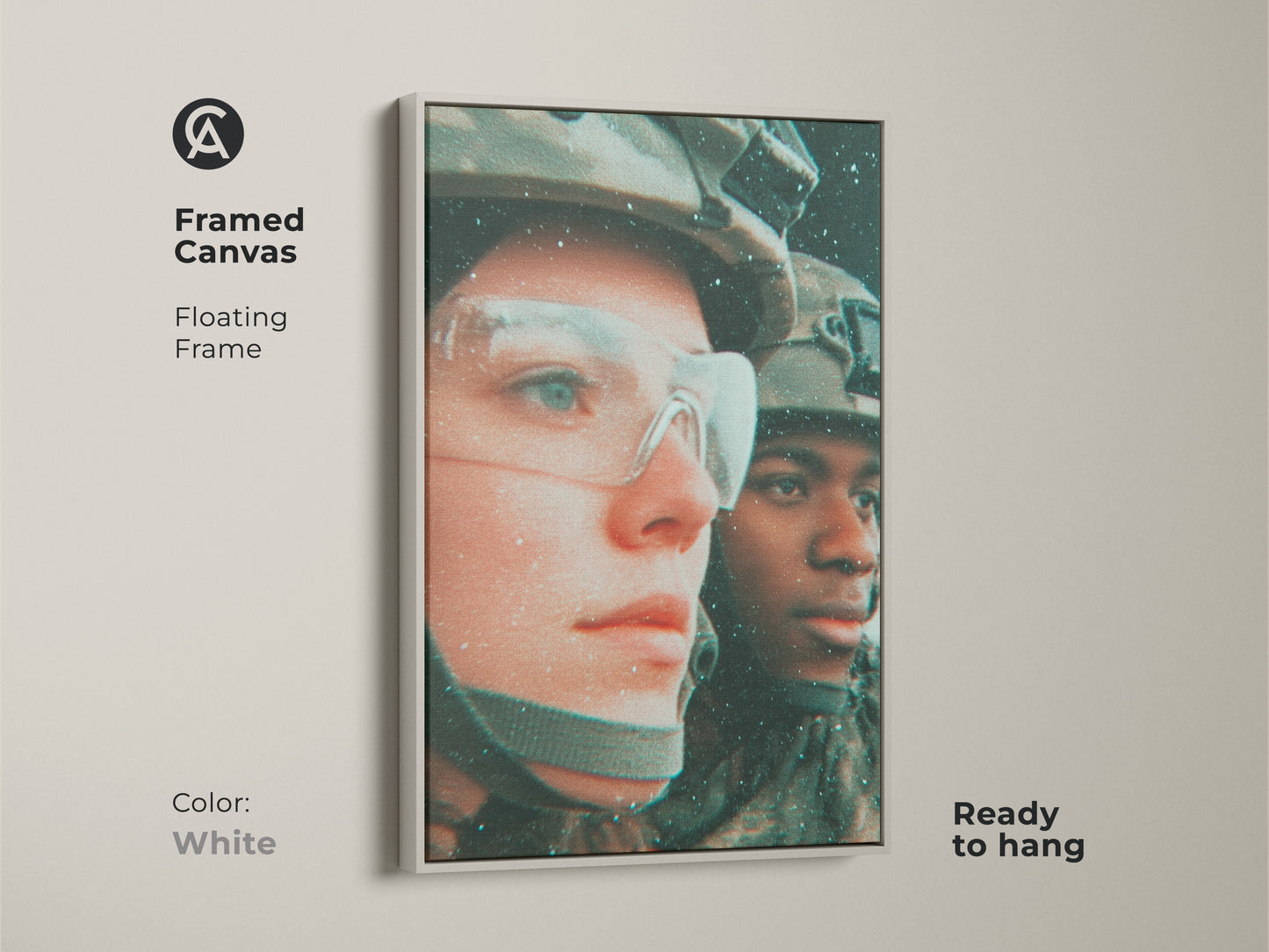 View framed canvas art. This artwork features two soldiers. It has a white floating frame. The canvas is ready to hang. This framed art provides a finished look. It complements modern interiors effortlessly.