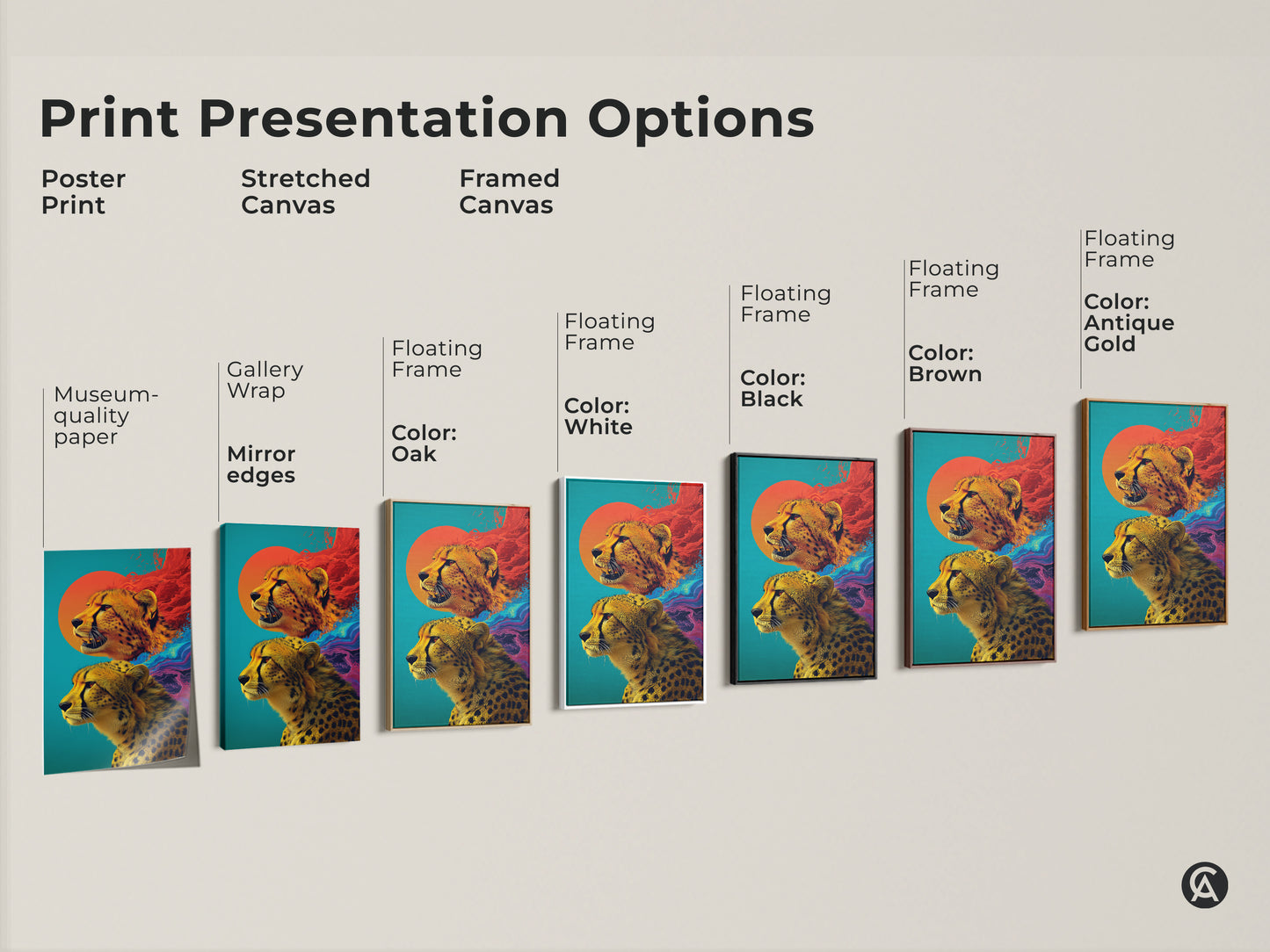 This size comparison showcases cheetah abstract art prints in various dimensions. They range from small to large sizes on a sofa. The vibrant teal orange and sun artwork. Perfect for adding eclectic flair to any living space. Find the ideal wildlife canvas print for your home decor.