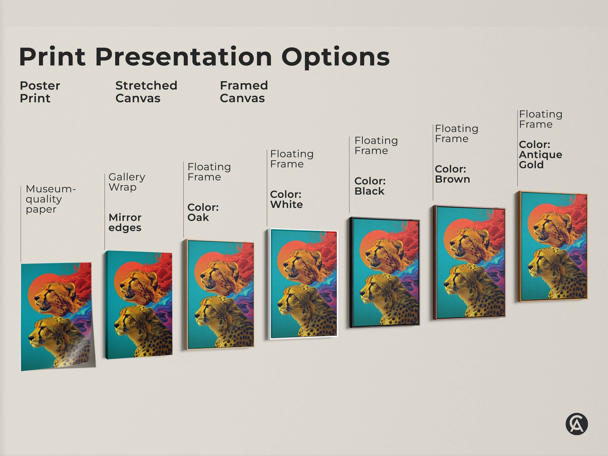This size comparison showcases cheetah abstract art prints in various dimensions. They range from small to large sizes on a sofa. The vibrant teal orange and sun artwork. Perfect for adding eclectic flair to any living space. Find the ideal wildlife canvas print for your home decor.