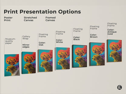 This size comparison showcases cheetah abstract art prints in various dimensions. They range from small to large sizes on a sofa. The vibrant teal orange and sun artwork. Perfect for adding eclectic flair to any living space. Find the ideal wildlife canvas print for your home decor.
