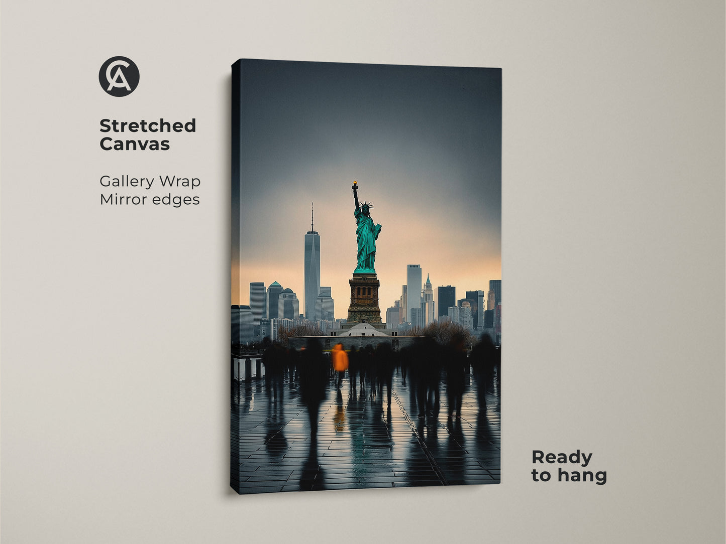 Stretched canvas art showing the NYC skyline and Statue of Liberty. This gallery wrap artwork has mirror edges and is ready to hang. This contemporary cityscape decor is perfect for urban dwellers. The teal and gray art print provides a modern touch.