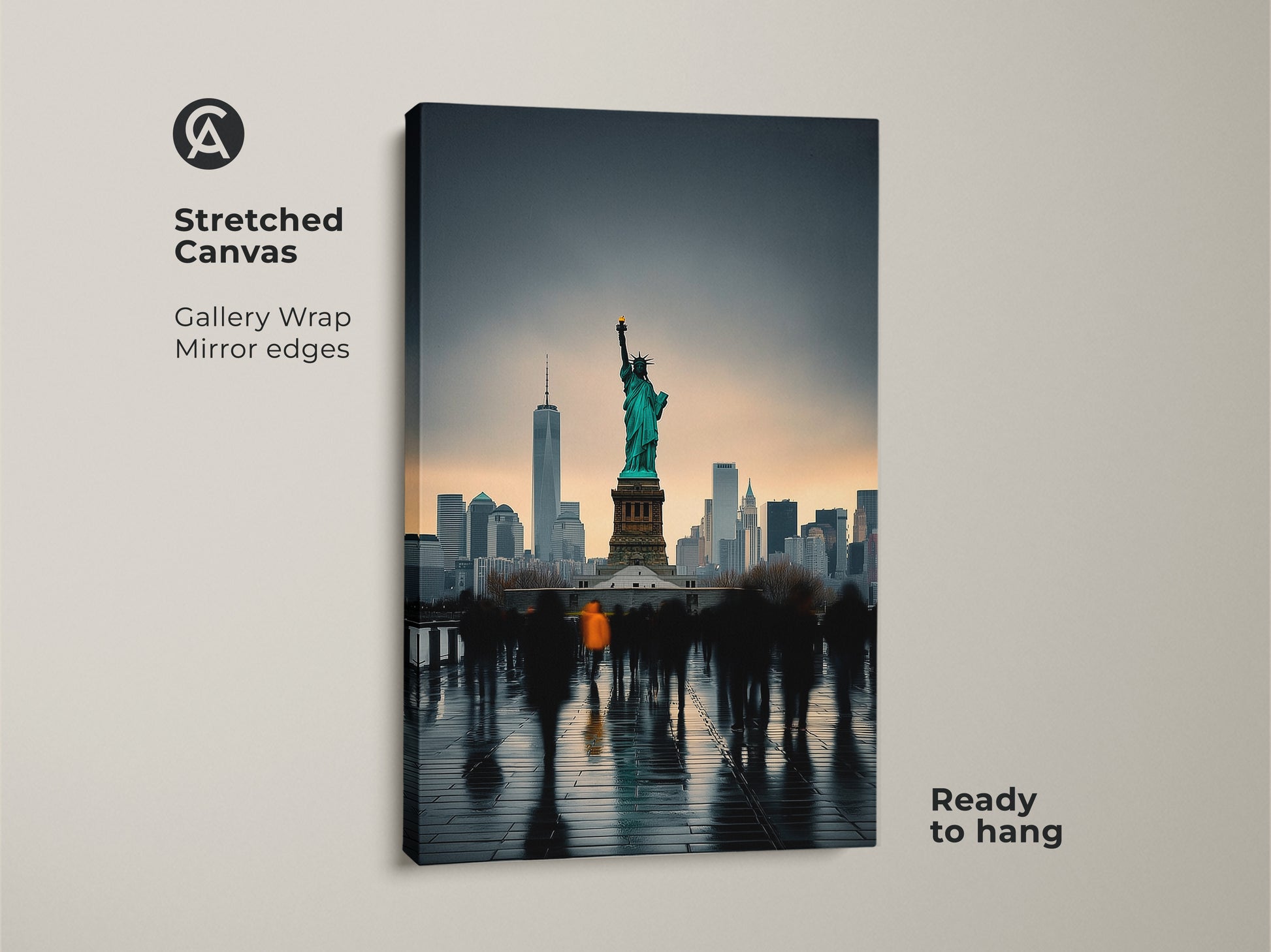 Stretched canvas art showing the NYC skyline and Statue of Liberty. This gallery wrap artwork has mirror edges and is ready to hang. This contemporary cityscape decor is perfect for urban dwellers. The teal and gray art print provides a modern touch.