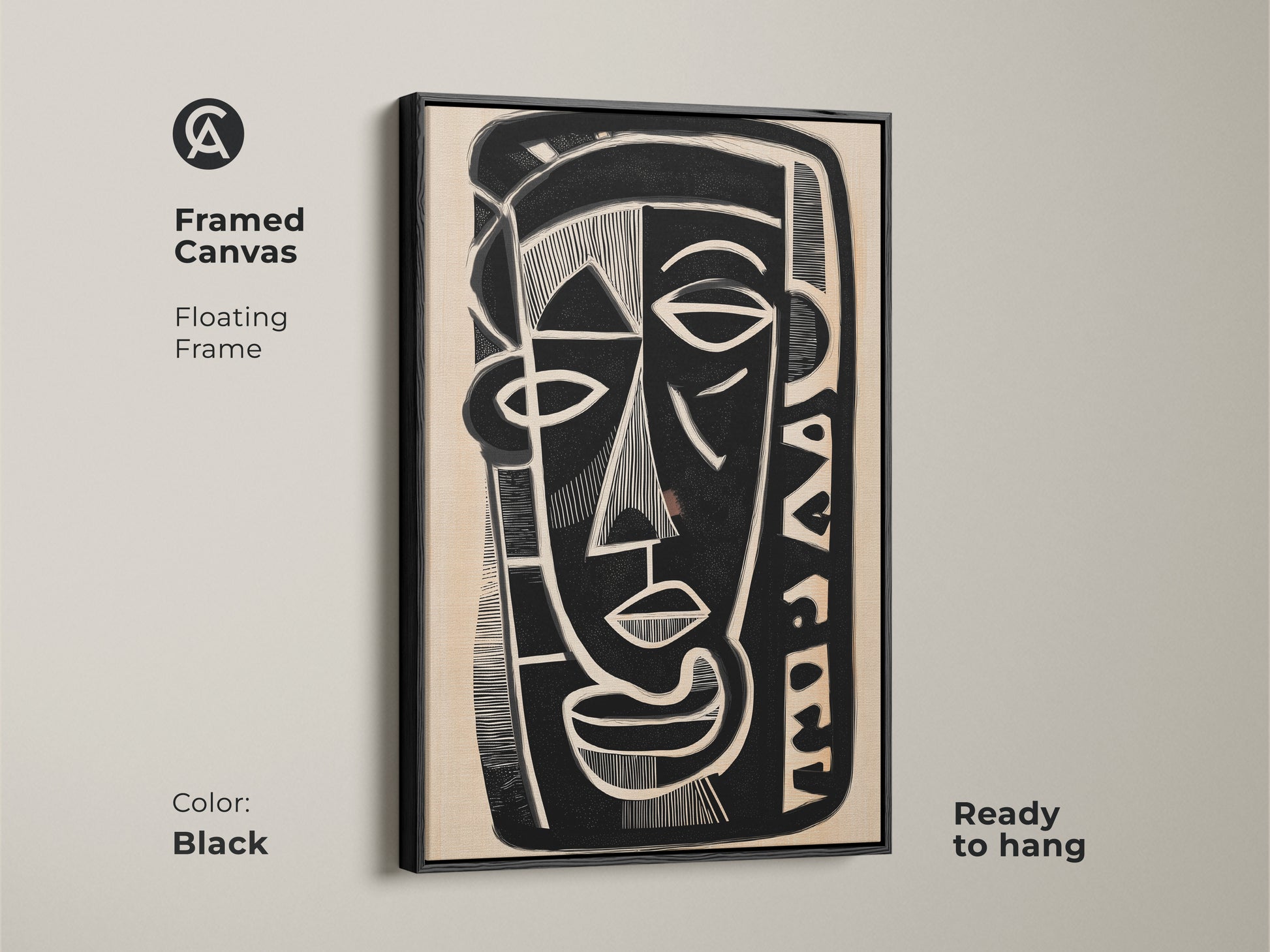 Framed canvas featuring a black and beige abstract face. This floating frame artwork is ready to hang. It's a modern cubism piece perfect for contemporary home decor. This unique face artwork adds sophistication to any room.