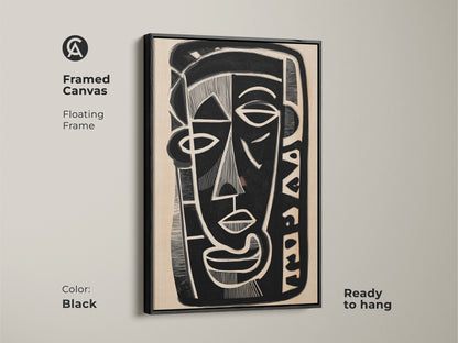 Framed canvas featuring a black and beige abstract face. This floating frame artwork is ready to hang. It's a modern cubism piece perfect for contemporary home decor. This unique face artwork adds sophistication to any room.