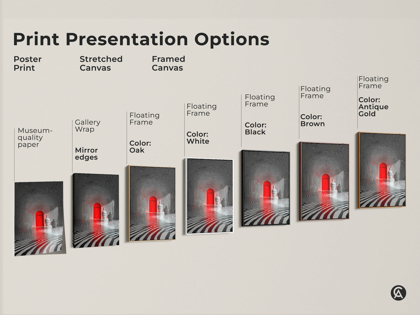 Explore print presentation options for the optical illusion art. Choose from poster prints stretched canvas or framed canvas. Each option highlights the red door and zebra stripe tunnel artwork.