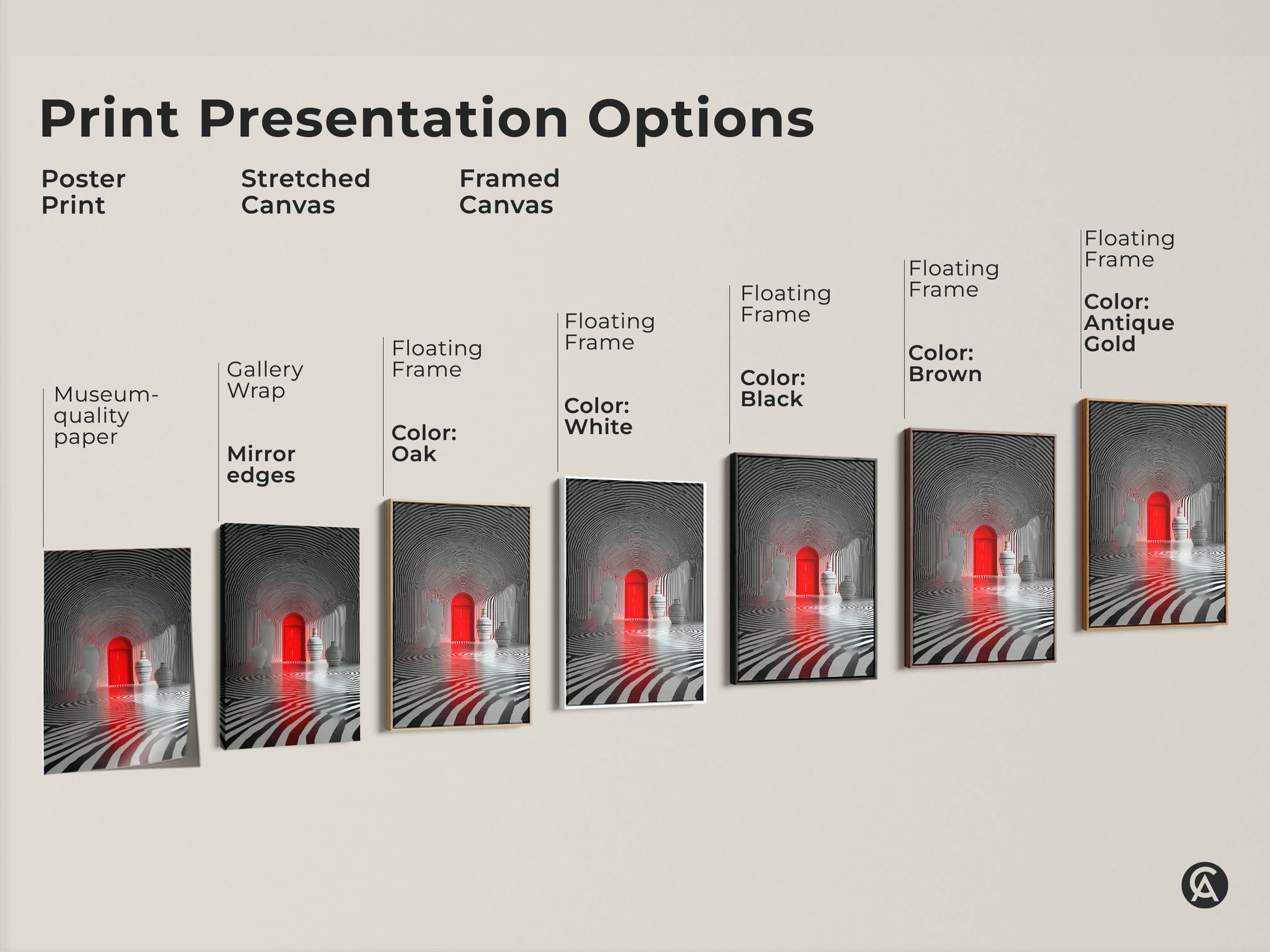 Explore print presentation options for the optical illusion art. Choose from poster prints stretched canvas or framed canvas. Each option highlights the red door and zebra stripe tunnel artwork.