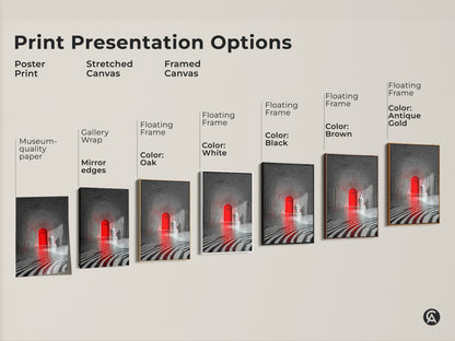 Explore print presentation options for the optical illusion art. Choose from poster prints stretched canvas or framed canvas. Each option highlights the red door and zebra stripe tunnel artwork.