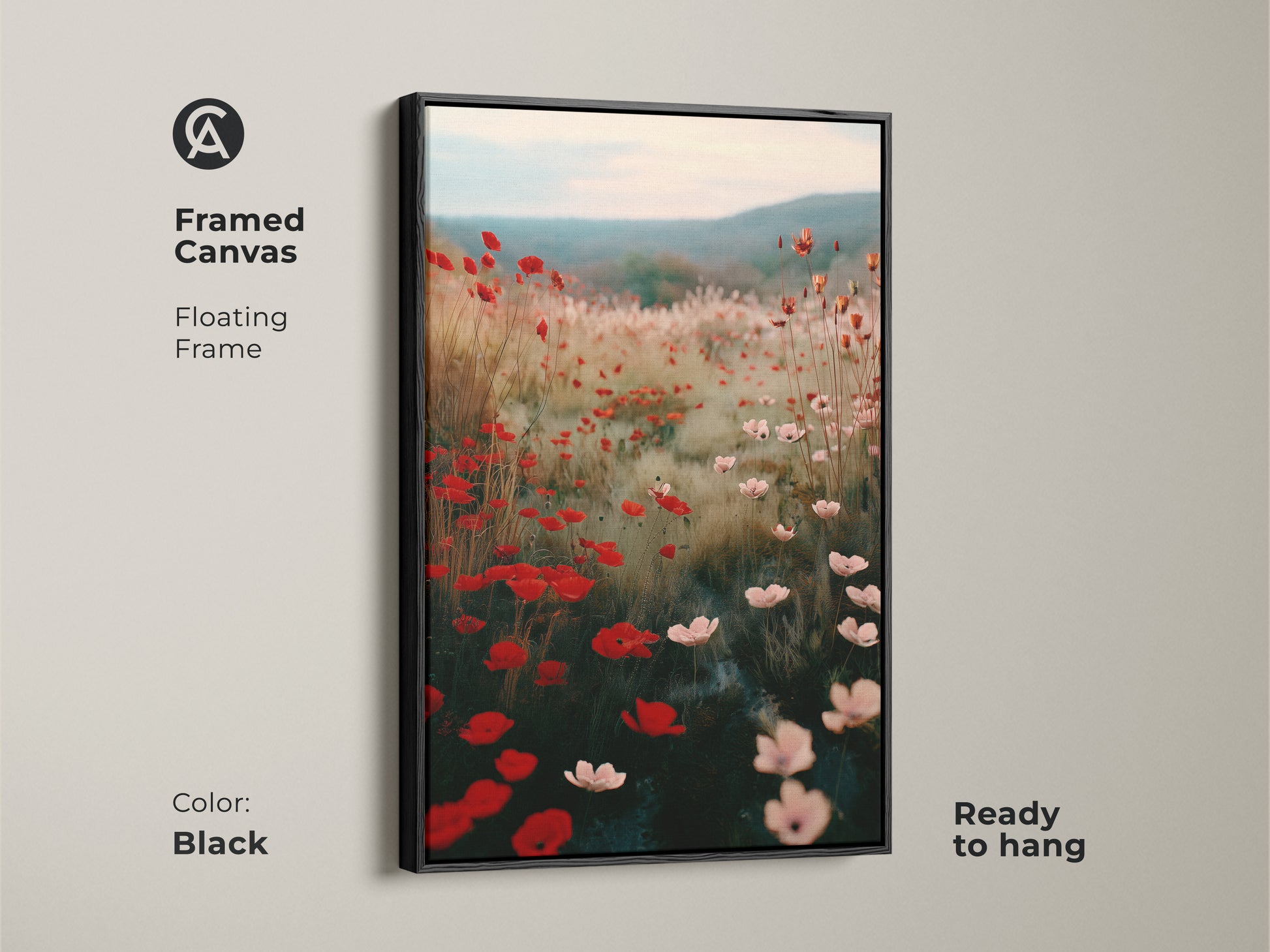 Framed canvas featuring a Crimson Red Poppy Field artwork. The floating frame enhances this impressionistic floral canvas. This boho wall art is ready to hang and adds charm to any room. Showcase soft pink wildflowers with this botanical art.