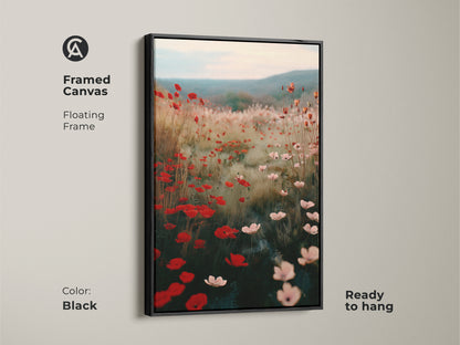 Framed canvas featuring a Crimson Red Poppy Field artwork. The floating frame enhances this impressionistic floral canvas. This boho wall art is ready to hang and adds charm to any room. Showcase soft pink wildflowers with this botanical art.