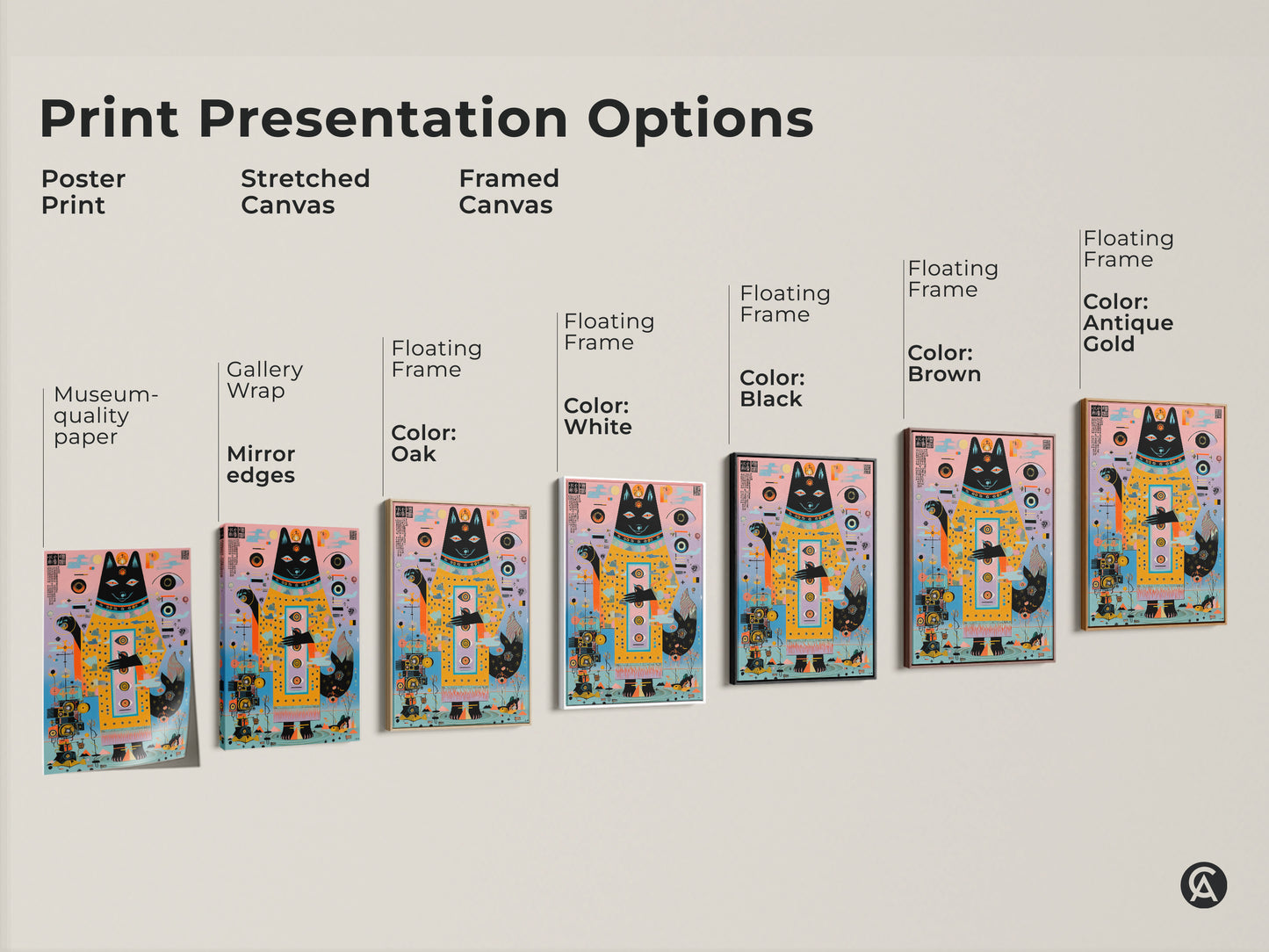 Print presentation options showcase the abstract geometric dog artwork. Poster print and stretched canvas are available. Framed canvas with floating frame in oak white black brown and antique gold color options.
