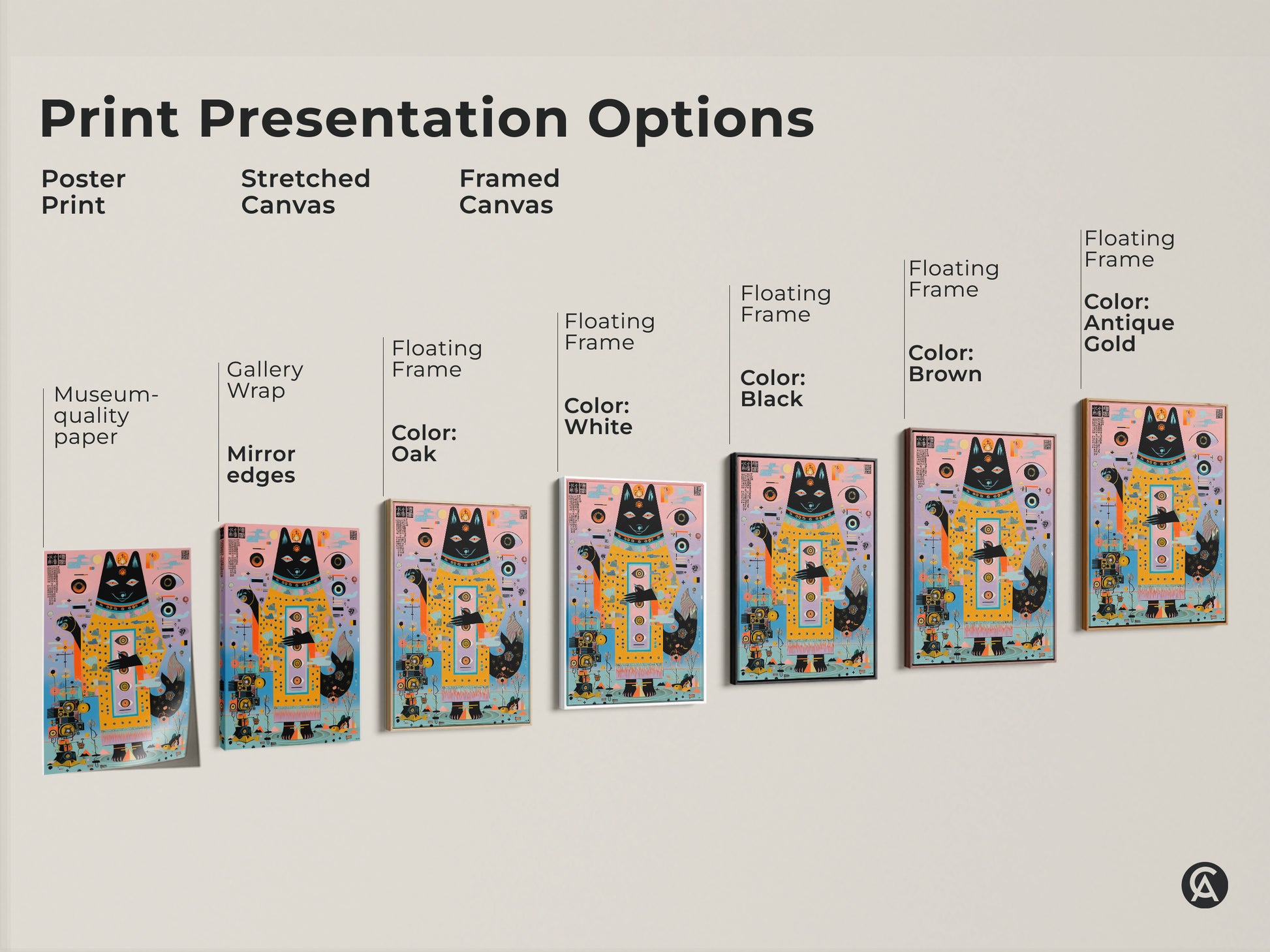 Print presentation options showcase the abstract geometric dog artwork. Poster print and stretched canvas are available. Framed canvas with floating frame in oak white black brown and antique gold color options.