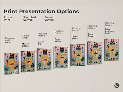 Print presentation options showcase the abstract geometric dog artwork. Poster print and stretched canvas are available. Framed canvas with floating frame in oak white black brown and antique gold color options.