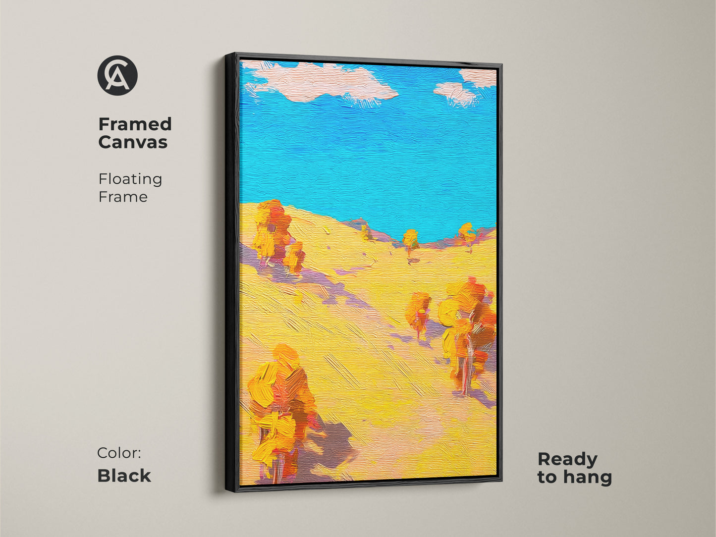 Framed in black this abstract landscape canvas is ready to hang. The boho trees wall art adds a touch of elegance to any space. It’s the perfect housewarming gift art.