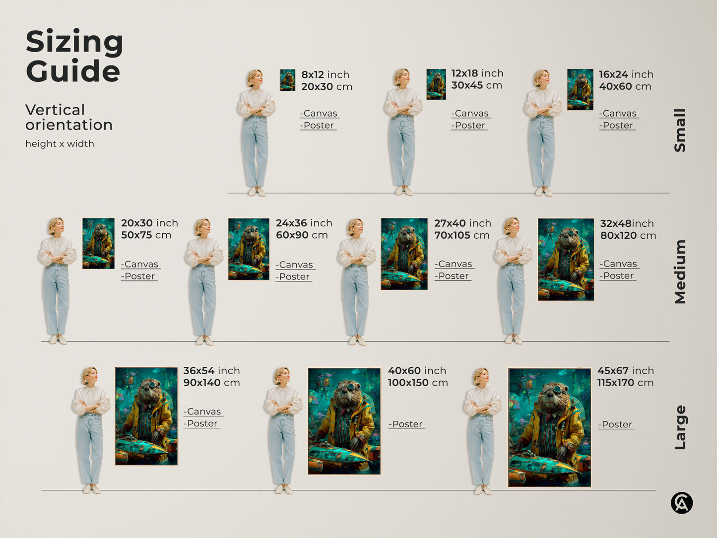 Find the perfect size with our vertical sizing guide. The steampunk otter artwork is available as canvas or poster. Select from small medium or large to suit your space. Discover how this adventure animal canvas enhances your home.