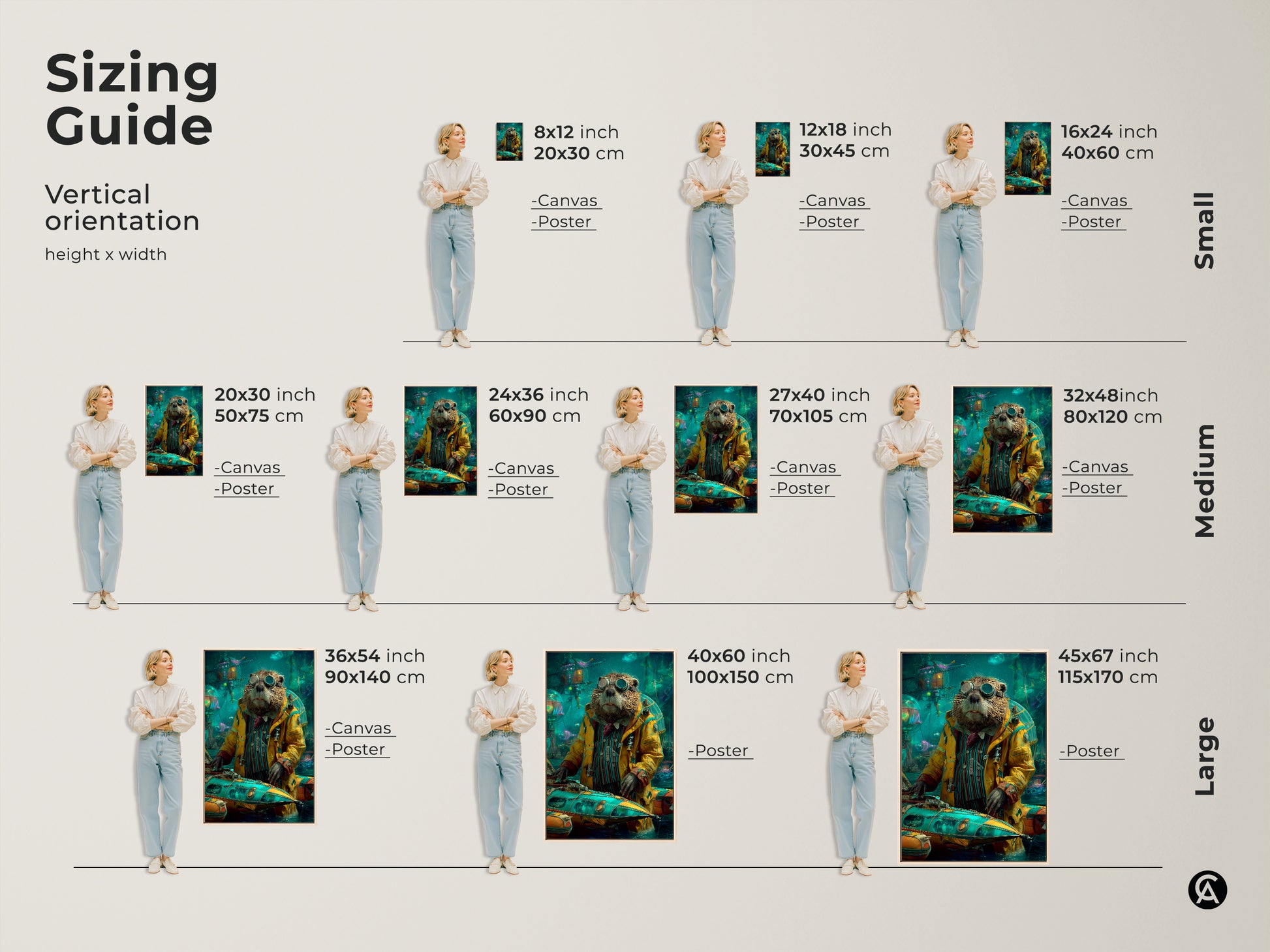Find the perfect size with our vertical sizing guide. The steampunk otter artwork is available as canvas or poster. Select from small medium or large to suit your space. Discover how this adventure animal canvas enhances your home.