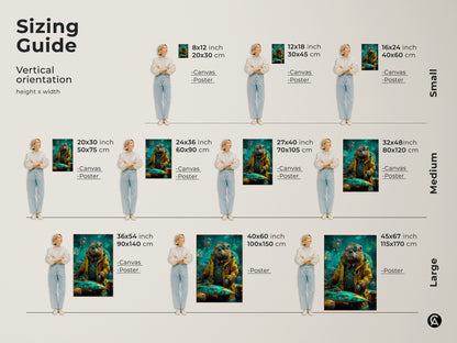 Find the perfect size with our vertical sizing guide. The steampunk otter artwork is available as canvas or poster. Select from small medium or large to suit your space. Discover how this adventure animal canvas enhances your home.