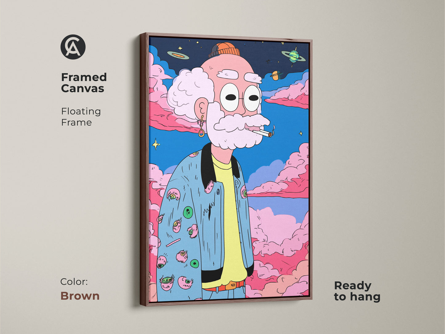 Framed canvas art featuring a cartoon drawing of an old man smoking. The floating frame is brown and the artwork is ready to hang. This fun art print adds a unique touch to your home decor.