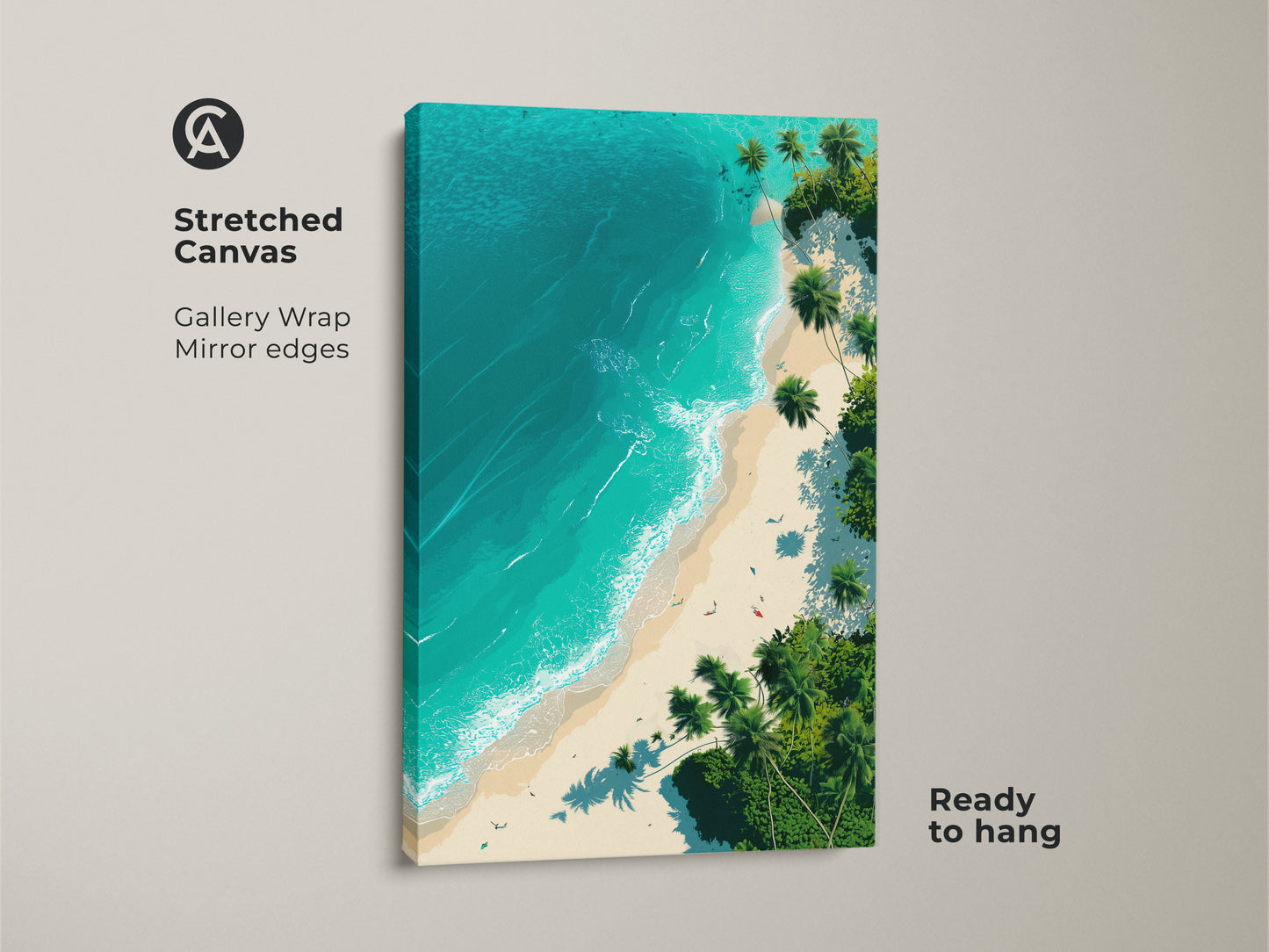 Stretched canvas print of a tropical beach. Gallery wrapped with mirror edges this beach artwork is ready to hang. The vibrant turquoise ocean and lush palm trees create a relaxing coastal vibe. A perfect addition to your beach themed decor.