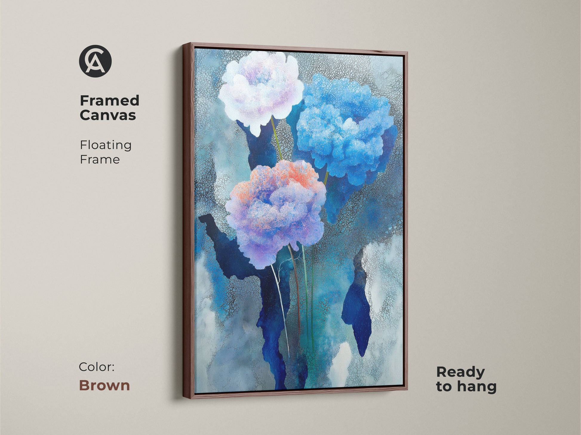 Contemporary floral decor features deep blue nature canvas wall art. Abstract nature painting ideal as office wall decor print. Sky blue peony wall art for the living room.
