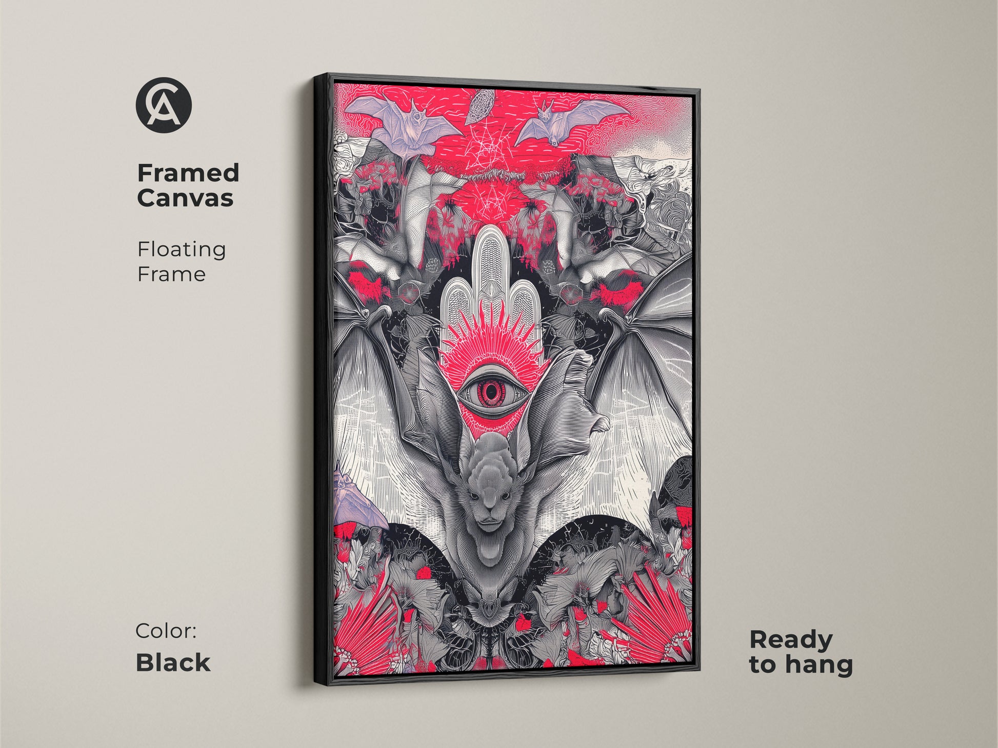 Framed canvas featuring gothic bat surreal third eye art. The black floating frame enhances this dark aesthetic wall decor. Perfect for a gothic living room or alternative office with a unique spooky touch.