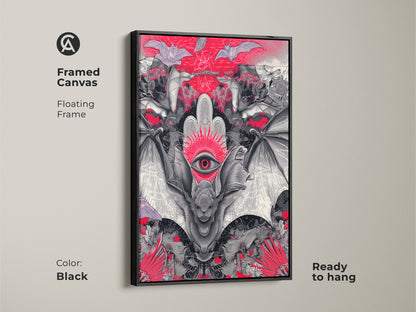 Framed canvas featuring gothic bat surreal third eye art. The black floating frame enhances this dark aesthetic wall decor. Perfect for a gothic living room or alternative office with a unique spooky touch.