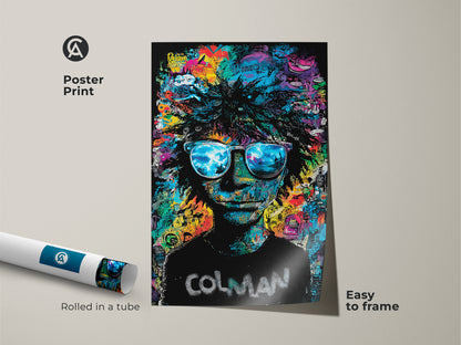 Poster print of the Colman artwork. Rolled in a tube for easy framing. The art shows a person with sunglasses. The lenses reflect a beach scene. The background has colorful graffiti. Get this museum-quality paper poster art.