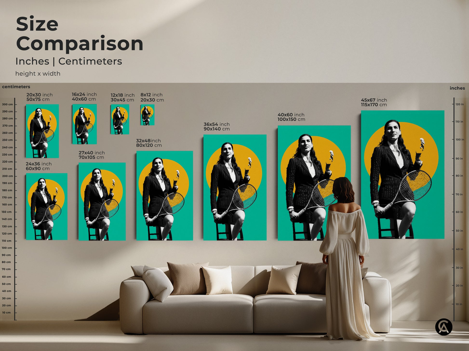 Size comparison of tennis player artwork in inches and centimeters. Visualize the artwork in various sizes to fit your space. The contemporary yellow teal and black graphic style makes a statement. This is a perfect gift for sports fans and tennis enthusiasts. Find the ideal size for your home or office.