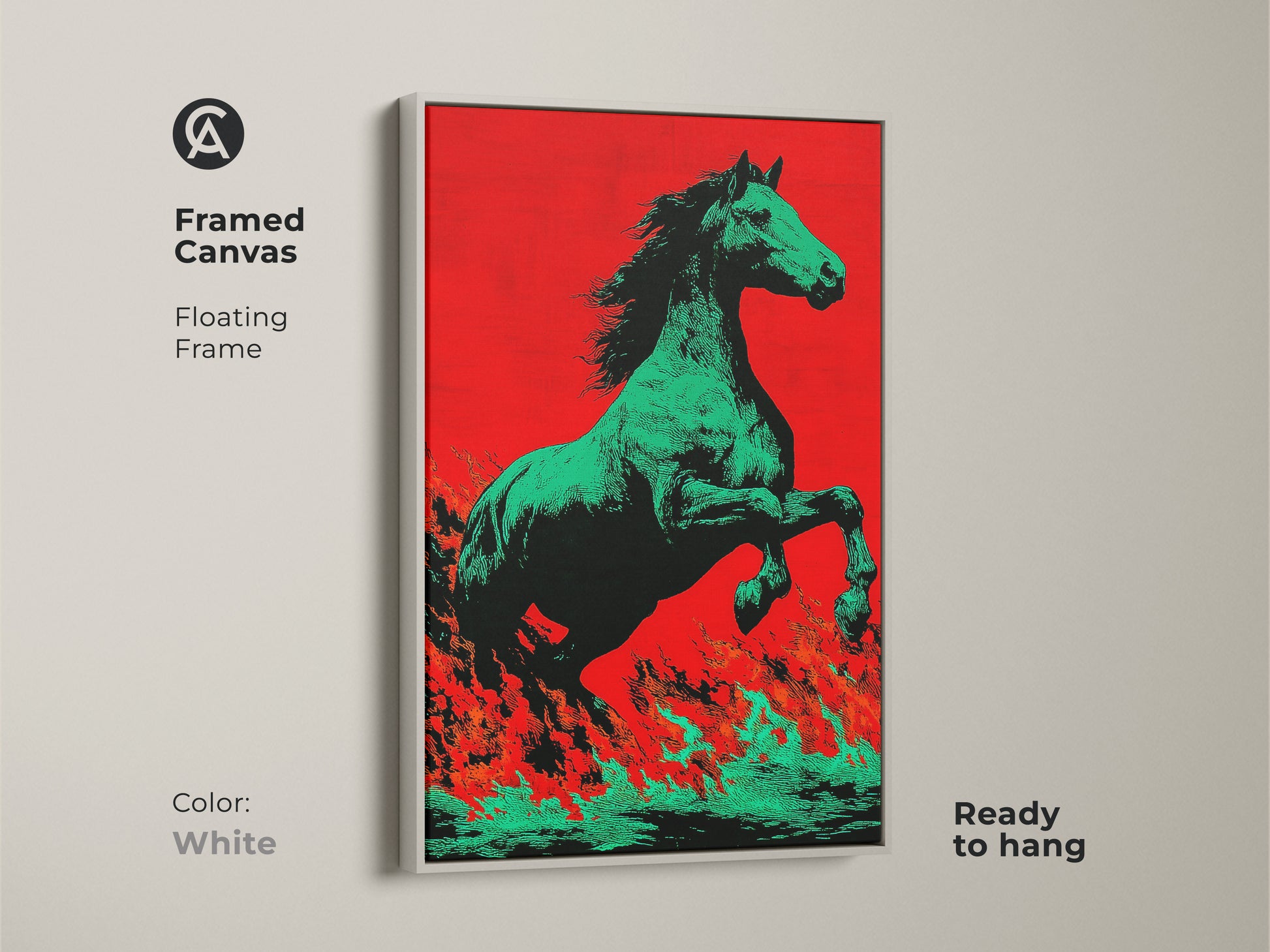 Framed canvas with a white floating frame showcasing a green horse artwork. The artwork has a red and orange background. This pop art style is ready to hang. It adds bold color to your space. This unique equestrian print is suitable for modern pop art decor. The white frame enhances the fantasy art.