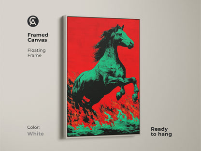 Framed canvas with a white floating frame showcasing a green horse artwork. The artwork has a red and orange background. This pop art style is ready to hang. It adds bold color to your space. This unique equestrian print is suitable for modern pop art decor. The white frame enhances the fantasy art.
