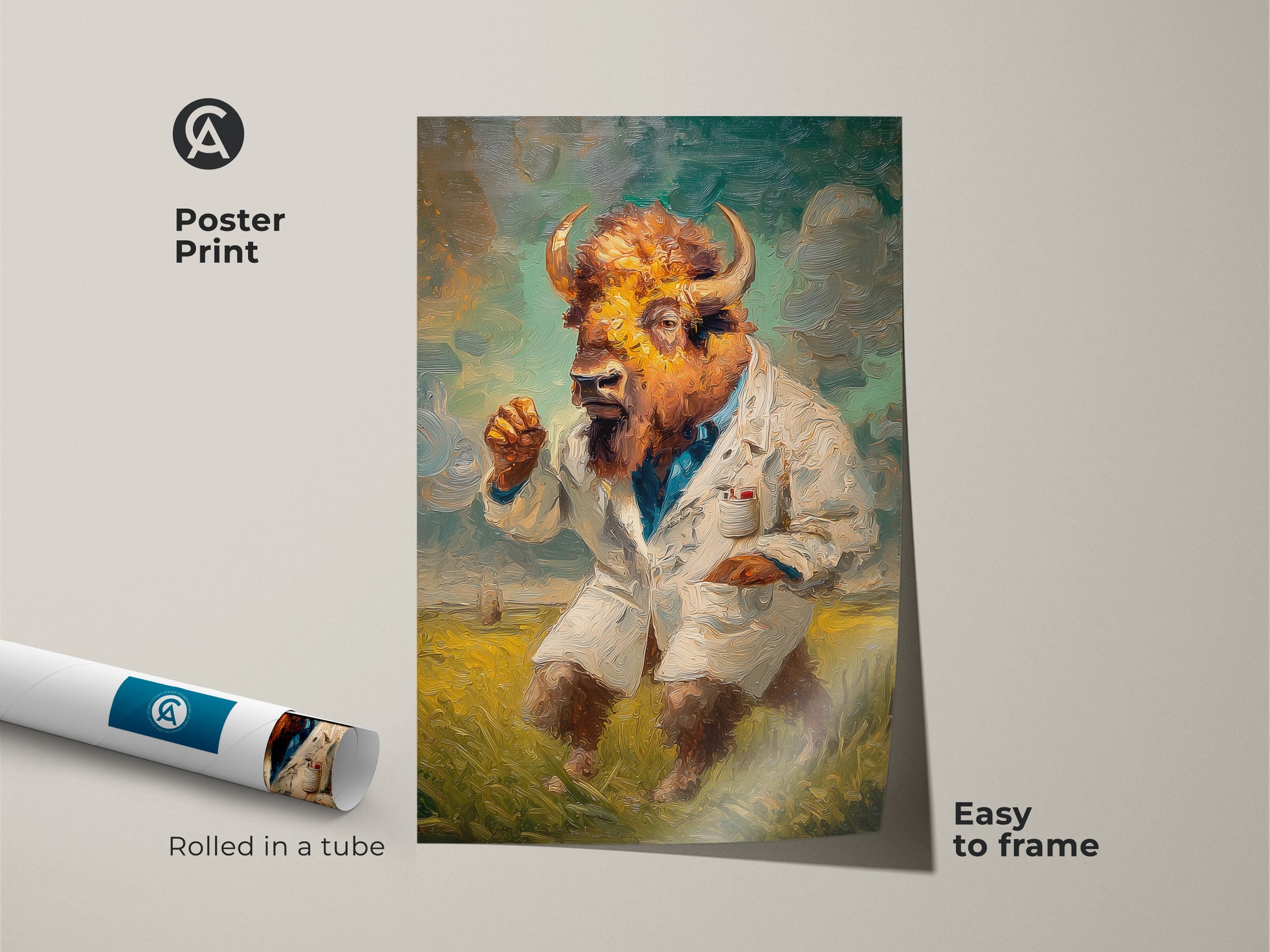 This is a poster print of a buffalo-human hybrid. The artwork shows the figure in a lab coat. This easy to frame poster is rolled in a protective tube. The buffalo-human art will look great in your home or office.