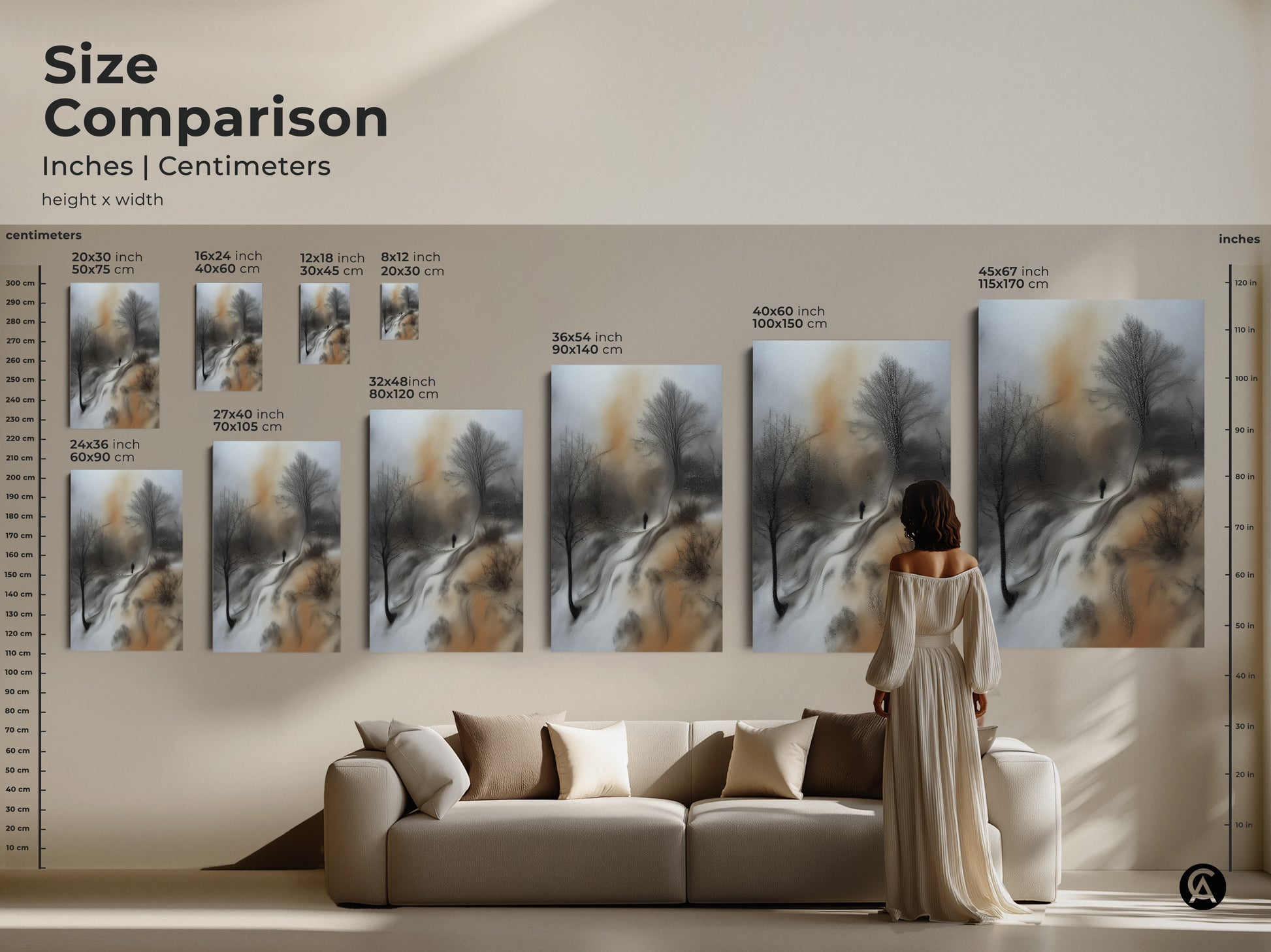 Size comparison of sepia winter landscape prints. See the art in various sizes. From small to large a solitary figure adds depth to any room. Modern canvas art.