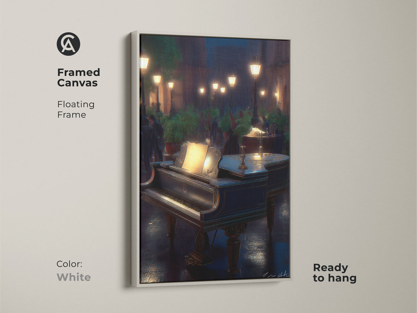 Brighten your decor with this framed Grand Piano Canvas art. This white floating frame emphasizes the romantic music and rainy cityscape making it an ideal gift for music lovers. Ready to hang.