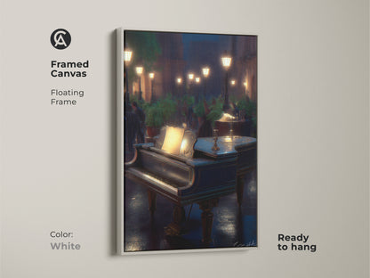 Brighten your decor with this framed Grand Piano Canvas art. This white floating frame emphasizes the romantic music and rainy cityscape making it an ideal gift for music lovers. Ready to hang.