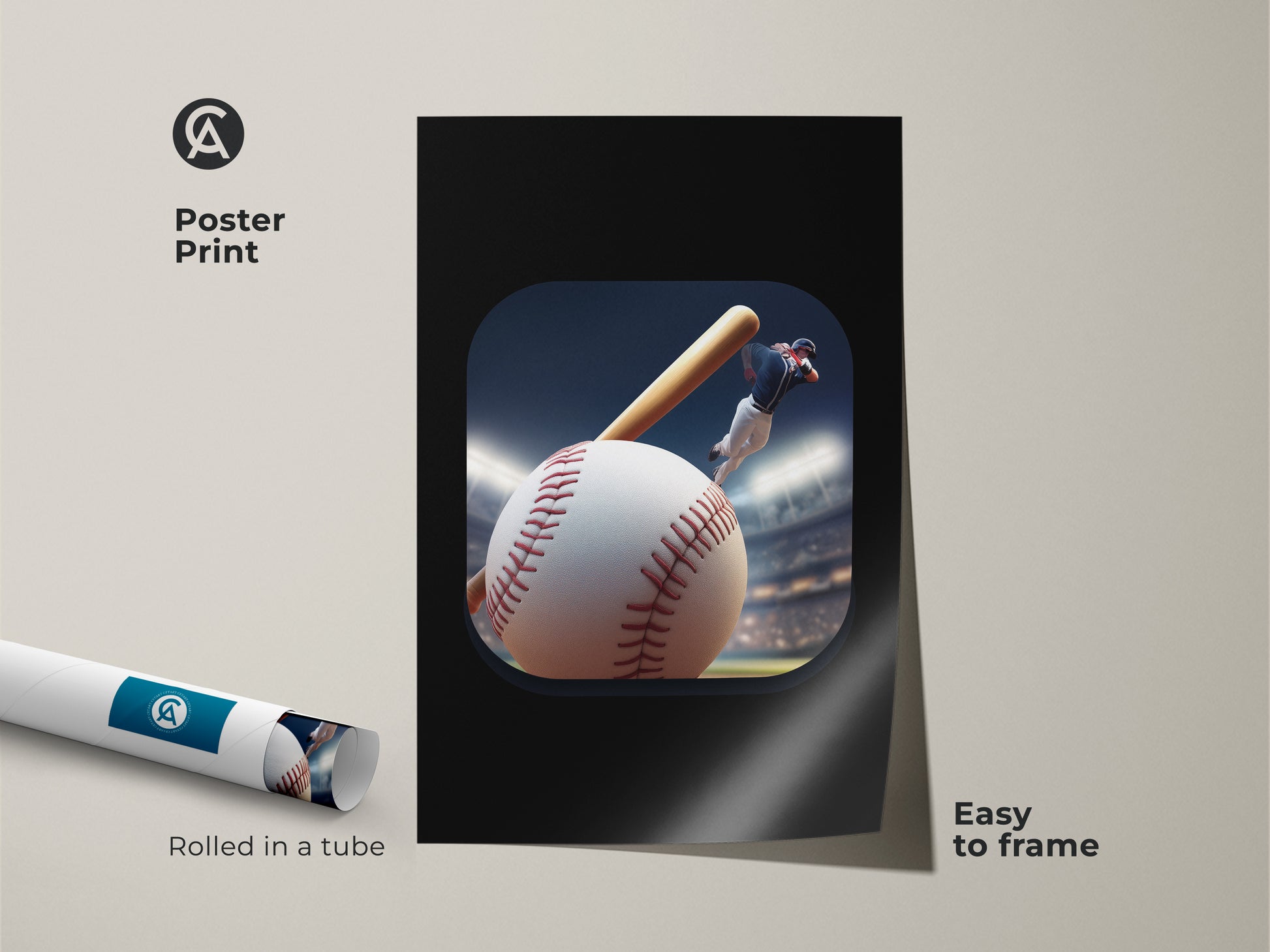 Poster print of baseball player action art. Rolled in a tube for easy framing. This modern baseball art print is sports wall art. Great for a man cave. The contemporary baseball decor makes a fantastic gift. Ideal for baseball fan dad. It's dynamic sports artwork.