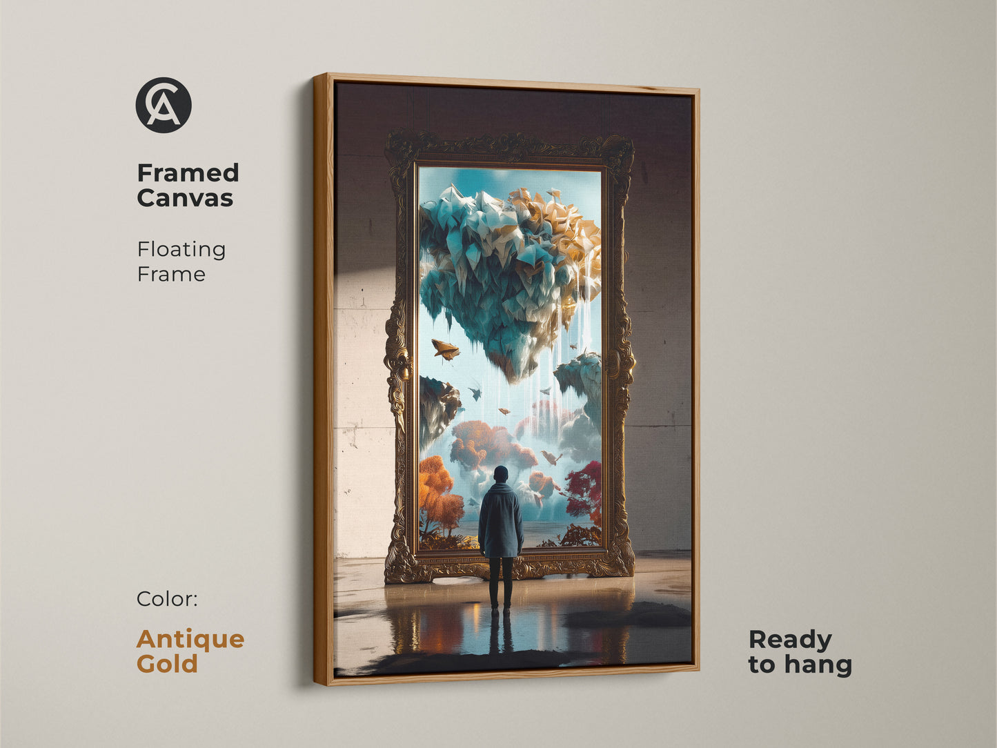 Framed canvas art displaying a surreal dreamscape. The floating frame is antique gold. This art is ready to hang. A perfect gift for imaginative people and art lovers.