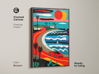 A framed canvas in brown displays retro coastal road trip scene. The vintage car art print features palm trees and a bright coastal landscape. Mid-century modern wall decor brings retro charm to any room. Ideal for car enthusiasts and road trip lovers.
