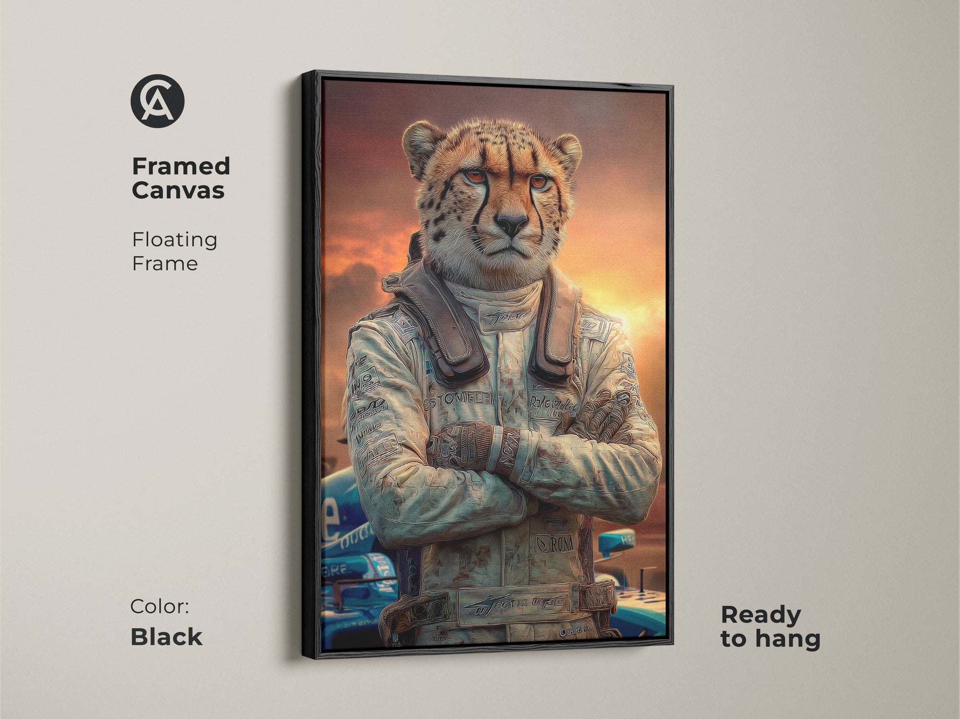 The framed canvas displays a cheetah in a race car driver suit. This animal in suit poster has a floating black frame and is ready to hang. This unique office wall art combines a cool animal portrait with motorsport themes. This is perfect eclectic home art.
