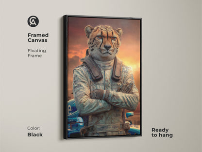 The framed canvas displays a cheetah in a race car driver suit. This animal in suit poster has a floating black frame and is ready to hang. This unique office wall art combines a cool animal portrait with motorsport themes. This is perfect eclectic home art.