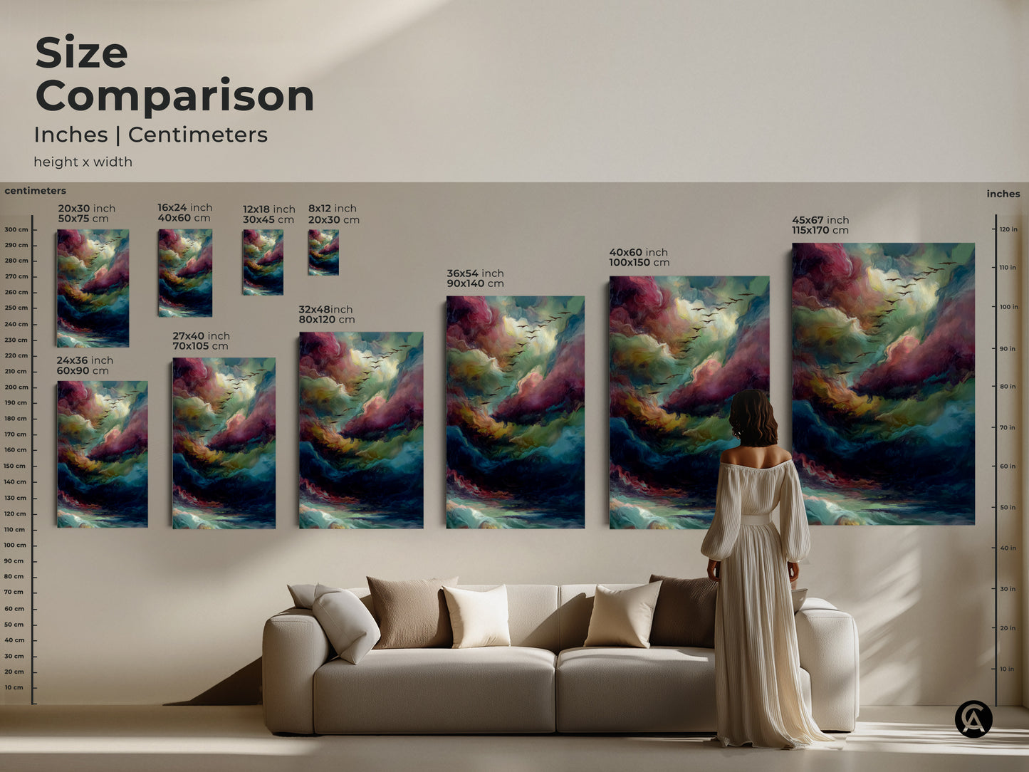 Size comparison of abstract cloud art prints. Various sizes displayed in inches and centimeters. This artwork is suitable for different spaces. It allows you to find the perfect fit.