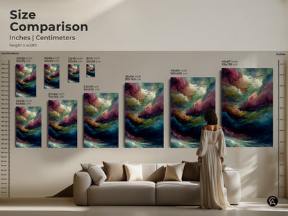 Size comparison of abstract cloud art prints. Various sizes displayed in inches and centimeters. This artwork is suitable for different spaces. It allows you to find the perfect fit.