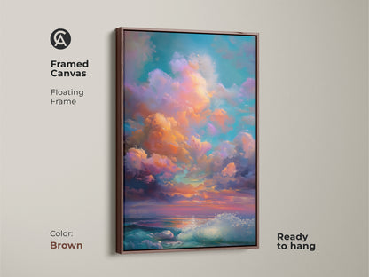 Framed canvas with a brown floating frame showcases a dreamy seascape. This artwork features teal orange and purple hues in the sky. Ready to hang this piece complements boho wall art.