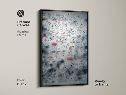 Framed canvas art with a floating frame in black. This ready-to-hang piece features intricate sketches and symbols. The black frame enhances the artwork creating a sophisticated look. Perfect for adding a modern touch to your home decor. The floating frame style gives the illusion of the art hovering adding depth to the piece.